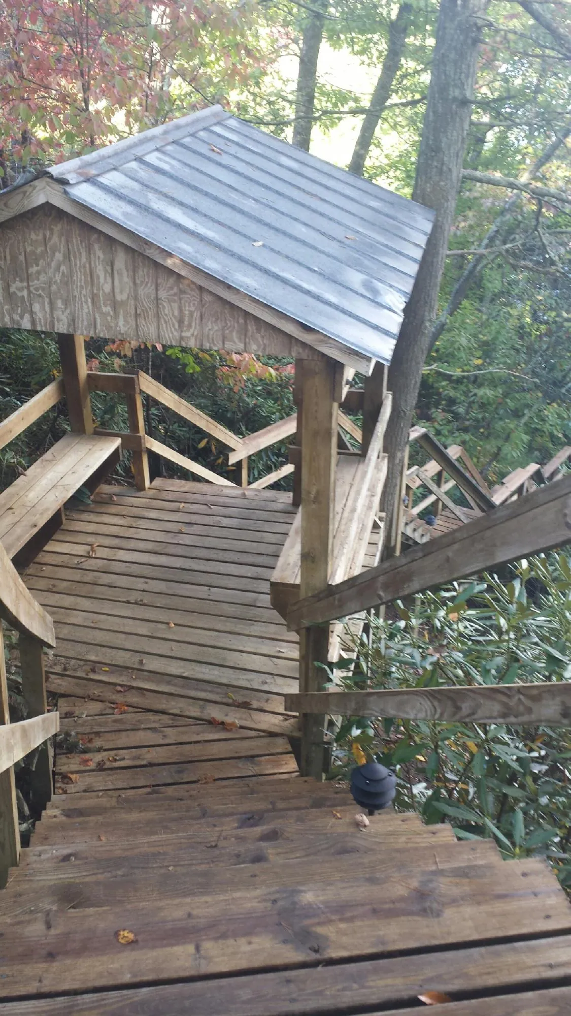 Metal roofed shelter over wooden steps on a wooded walkway — Skylight Repair & Installation work by our crew in Snyder